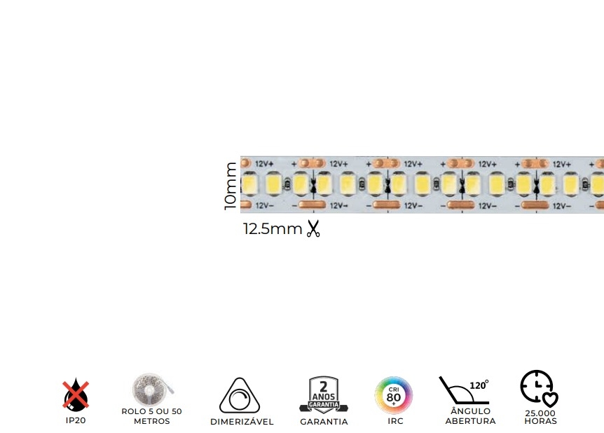 Fita LED MK Iluminação 16w/mt 180 Leds IP20 12V 1700 Lúmens 10mm (Rolo 5 metros)