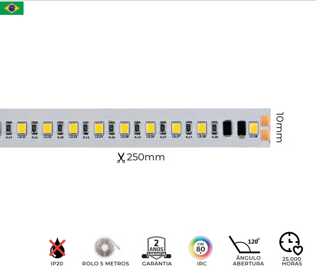 Fita Fibra LED MK Iluminação 39w/mt 120 Leds IP20 3500 Lúmens Alta Tensão 12,8mm (Rolo 5 metros)