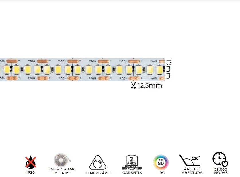 Fita LED MK Iluminação 6w/mt 240 Leds IP20 12V 600 Lúmens 10mm (Rolo 5 metros)