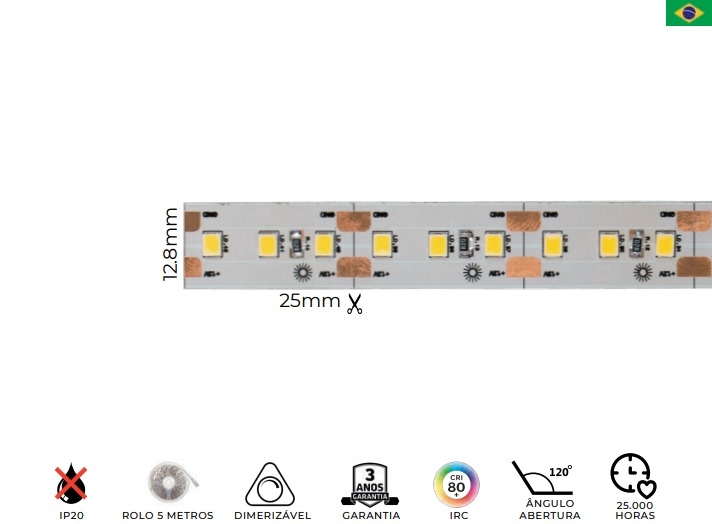 Fita Fibra LED MK Iluminação 12w/mt 120 Leds IP20 12V 1400 Lúmens 12,8mm (Rolo 5 metros)