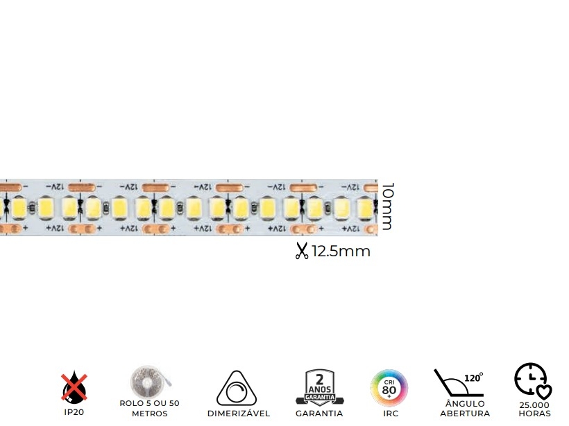 Fita LED MK Iluminação 21w/mt 240 Leds IP20 12V 2200 Lúmens 10mm (Rolo 5 metros)