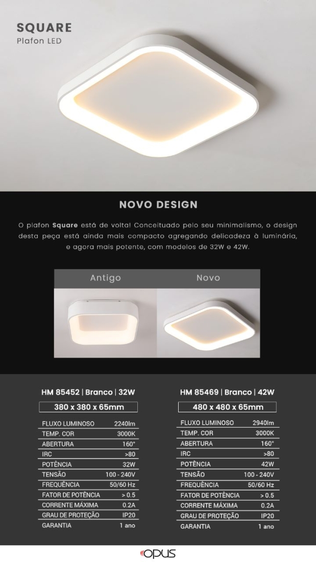Plafon Sobrepor Opus LED Square Branco 32 watts 3000K Bivolt 380x380x65mm OPS 85452