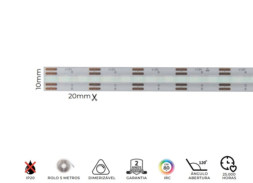 Fita LED MK Iluminação RGB Cob 10w/mt 486 Leds IP20 12V 10mm (Rolo 5 metros) 16802