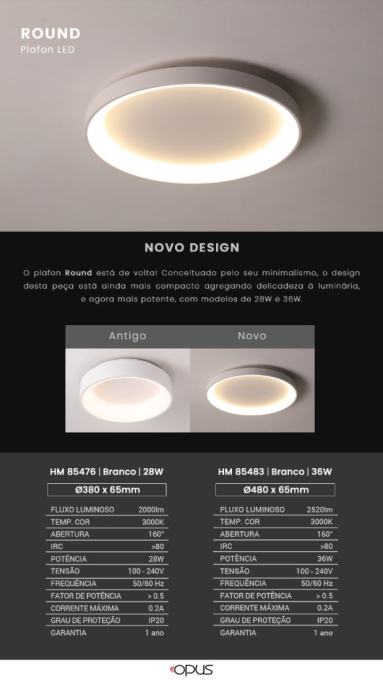 Plafon Sobrepor Opus LED Round Branco 36 watts 3000K Bivolt Ø480x65mm OPS 85483