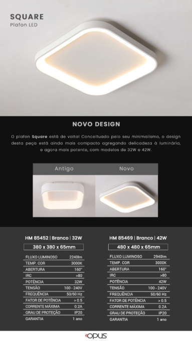 Plafon Sobrepor Opus LED Square Branco 32 watts 3000K Bivolt 380x380x65mm OPS 85452