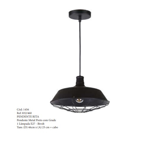 Pendente LUZ DE CASA Industrial Rita com Grade 1L E27 Ø460mm Preto