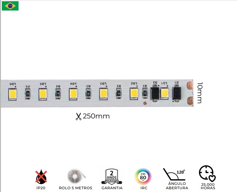 Fita LED MK Iluminação 15w/mt 120 Leds IP20 1400 Lúmens Alta Tensão 10mm (Rolo 5 metros)