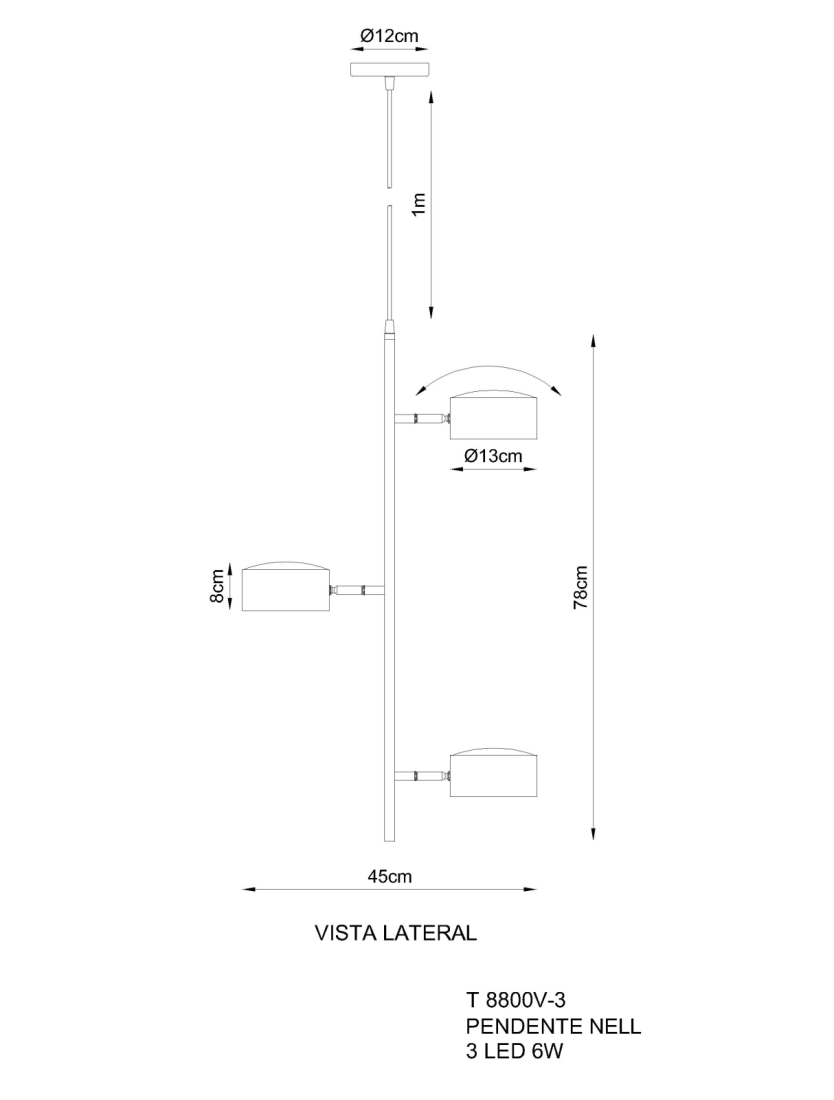 Lustre Golden Art Nell 3 Focos Led 6 watts 3000K Bivolt 780x450mm T8800V-3