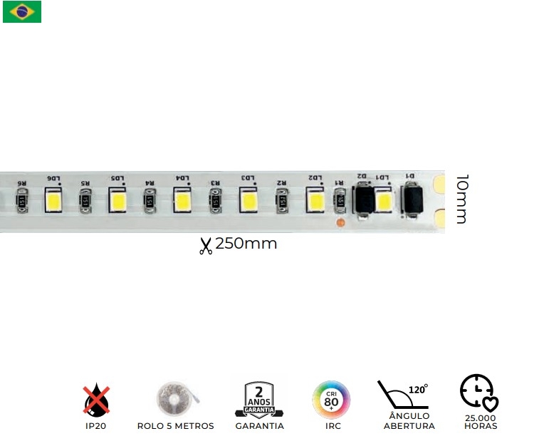 Fita LED MK Iluminação 20w/mt 120 Leds IP20 2100 Lúmens Alta Tensão 10mm (Rolo 5 metros)