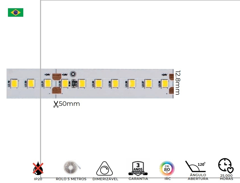 Fita Fibra LED MK Iluminação 12w/mt 140 Leds IP20 24V 1500 Lúmens 12,8mm (Rolo 5 metros)