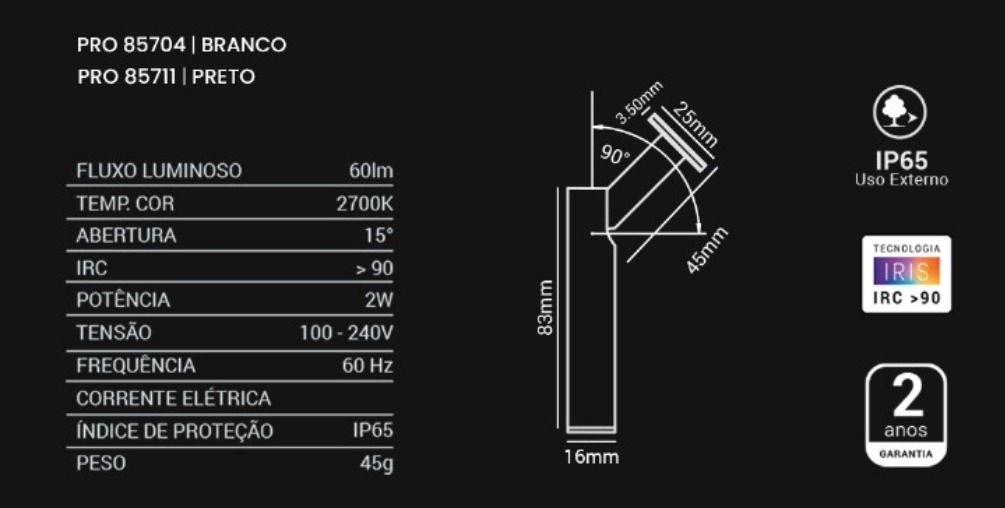 Spot Direcional Opus LED Lapiz 2 watts 15° IP65 Branco 2700K 60 Lúmens Ø16x83mm OPS 85704