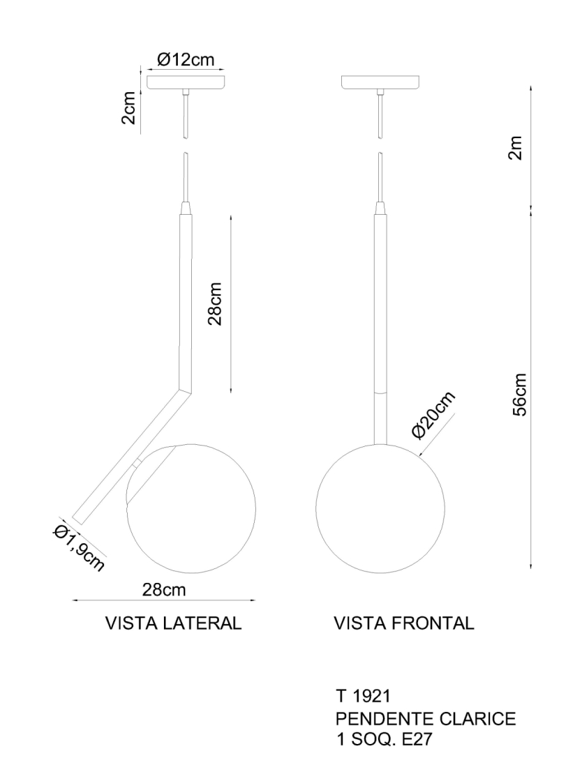 Pendente Golden Art Clarice Globo Ø200mm 1L E27 560mm T1921PI