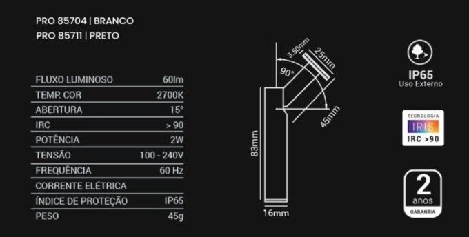 Spot Direcional Opus LED Lapiz 2 watts 15° IP65 Preto 2700K 60 Lúmens Ø16x83mm OPS 85711