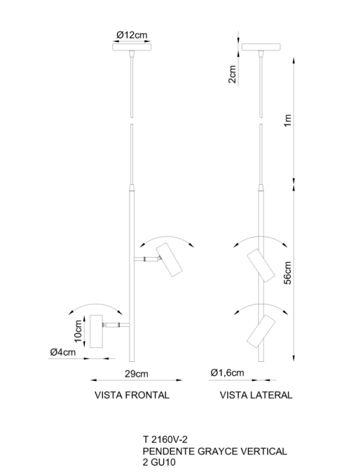 Pendente Golden Art Grayce Vertical 2L GU10 290x560mm T2160V-2PI