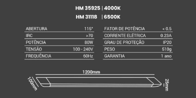 Luminária Opus LED Power Flat 80 watts IP20 4000K 6800 Lúmens 1200mm OPS 35925