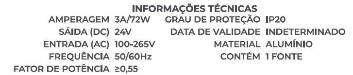 Fonte 24V Slim Nordecor 3A 72 watts IP20 317x18x18mm (Ultra Fina) 7070
