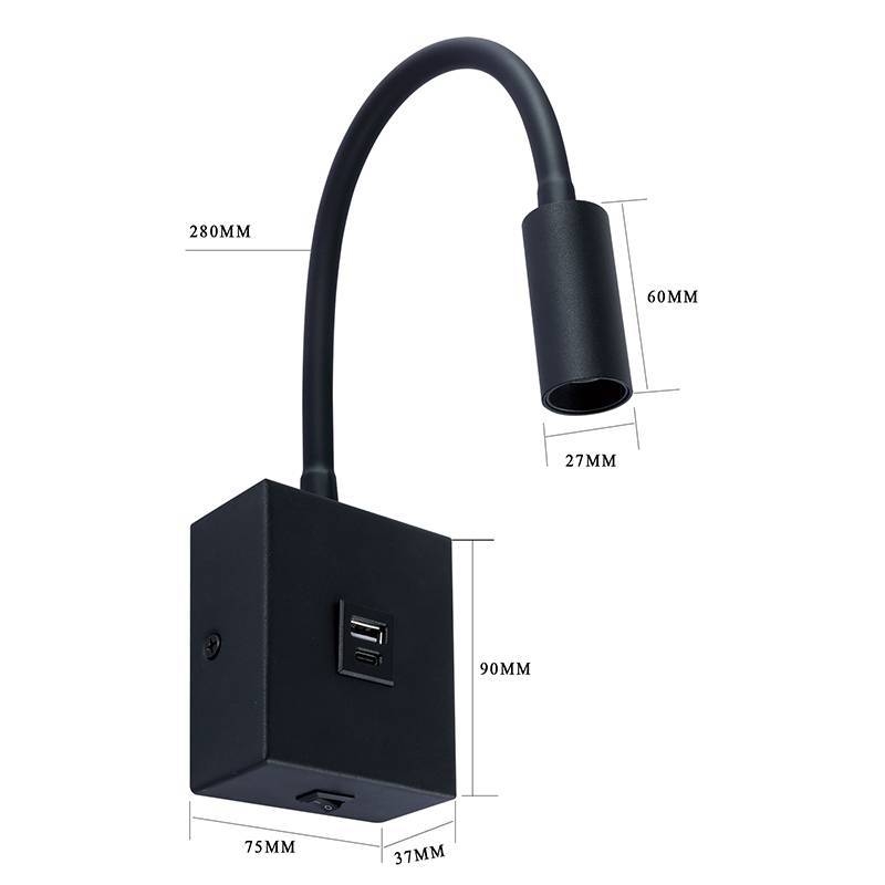 Arandela Nordecor Aine com USB 3 watts 3000K Preto Bivolt 90x75mm 2466