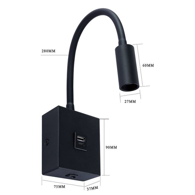 Arandela Nordecor Aine com USB 3 watts 3000K Preto Bivolt 90x75mm 2466