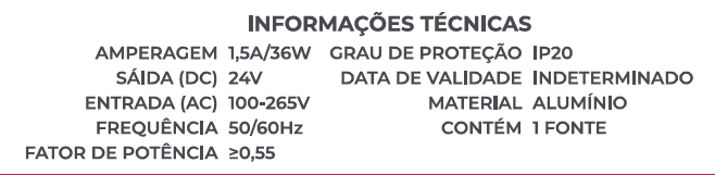 Fonte 24V Slim Nordecor 1,5A 36 watts IP20 282x18x18mm (Ultra Fina) 7067