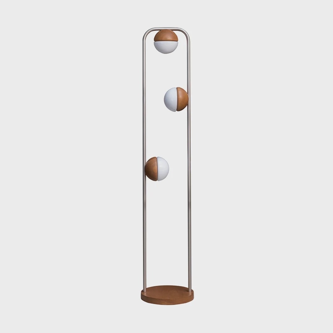 Luminária de Piso Madelustre Sintonia Madeira Castanho e Metal Champagne 3L G9 1730mm 3223CH