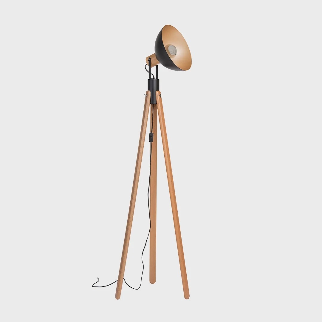 Luminária de Piso Madelustre Trippé Viena Madeira e Cúpula Metal Preto e Dourado 1L E27 1650mm 3203