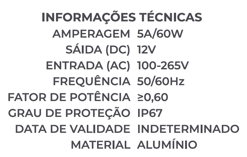 Fonte 12V Nordecor Nord IP67 Externo 5A 60 watts Bivolt 7137
