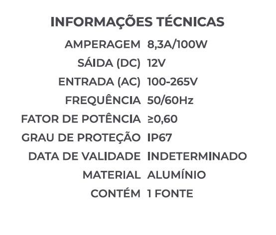 Fonte 12V Nordecor Nord IP67 Externo 8,3A 100 watts Bivolt 7138