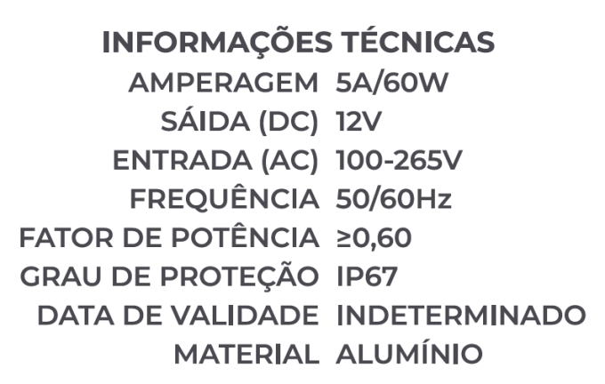 Fonte 12V Nordecor Nord IP67 Externo 5A 60 watts Bivolt 7137