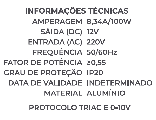 Fonte 12V Nordecor Dimerizável (Triac) 8,3A 100 watts 220V 230x50x30mm 7083