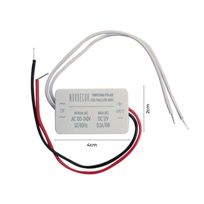 Fonte 12V Mini Slim Nordecor 0,5A 6 watts 40x23x20mm 7048