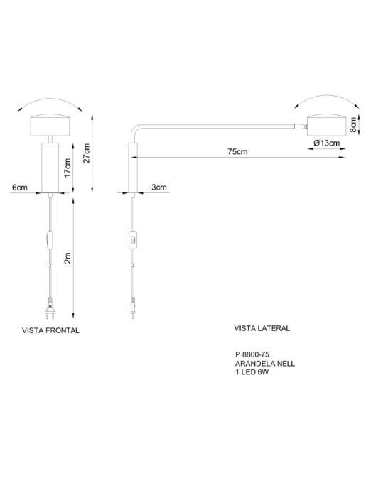Arandela Golden Art Nell Braço 750mm 6 watts 3000K Bivolt P8800-75