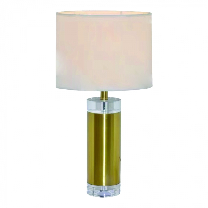 Abajur Sindora Metal Dourado Cristal Transparente Cúpula Linho Branco Ø380x670mm DCT00552