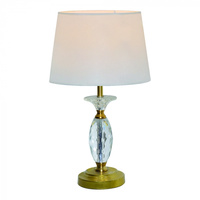 Abajur Sindora Metal Bronze e Cristal Transparente Cúpula Linho Branco Ø250x500mm DCT00548