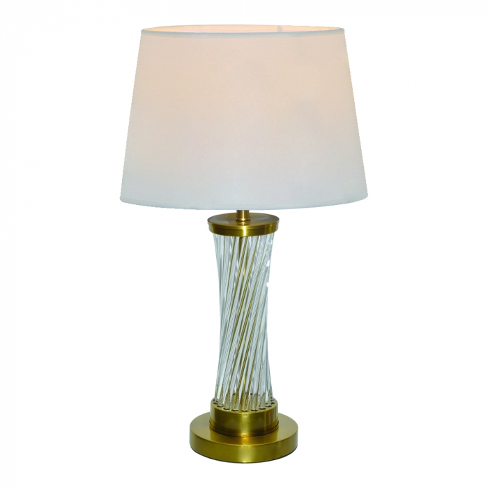 Abajur Sindora Metal Bronze e Cristal Transparente Cúpula Linho Branco Ø320x620mm DCT00553