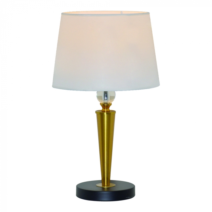 Abajur Sindora Bronze e Cristal Transparente Cúpula Linho Branco Base Mármore Preto Ø250x470mm DCT00547