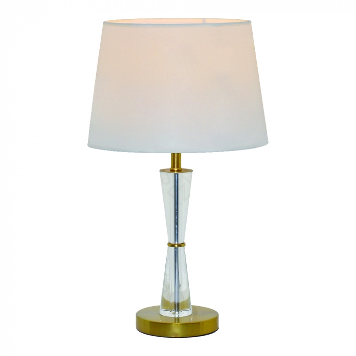Abajur Sindora Metal Bronze e Cristal Transparente Cúpula Linho Branco Ø300x550mm DCT00550