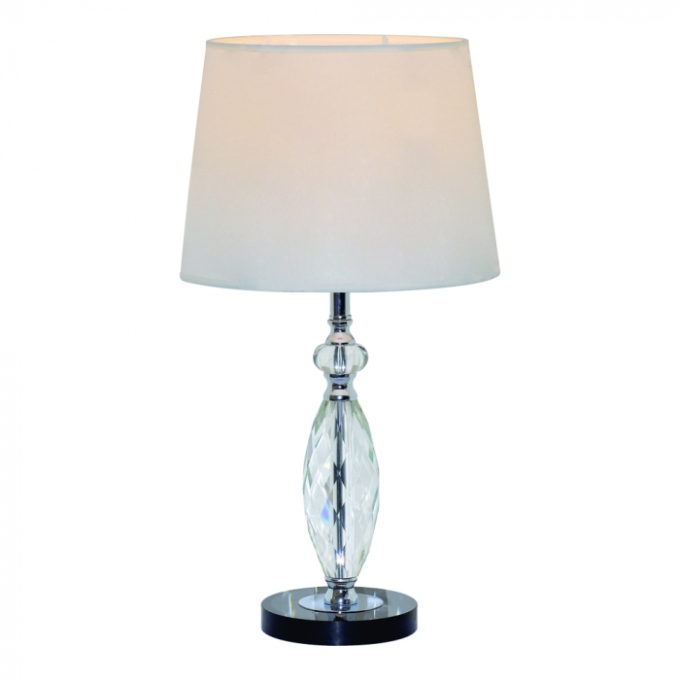 Abajur Sindora Cromado e Cristal Transparente Cúpula Linho Branco Base Mármore Preto Ø300x540mm DCT00551