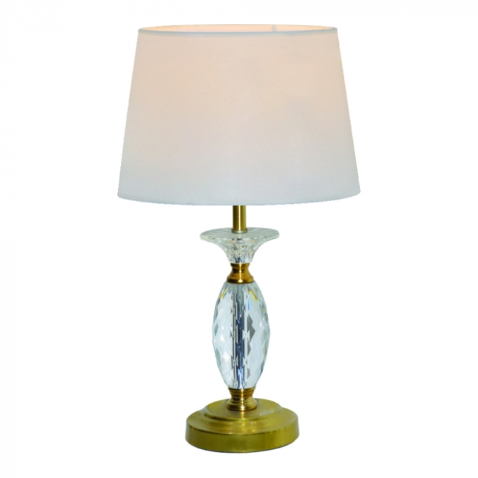 Abajur Sindora Metal Bronze e Cristal Transparente Cúpula Linho Branco Ø250x500mm DCT00548