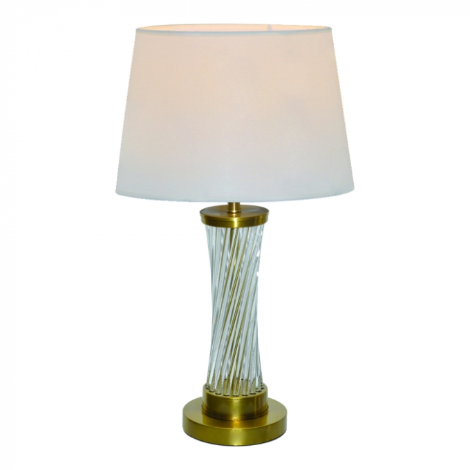 Abajur Sindora Metal Bronze e Cristal Transparente Cúpula Linho Branco Ø320x620mm DCT00553