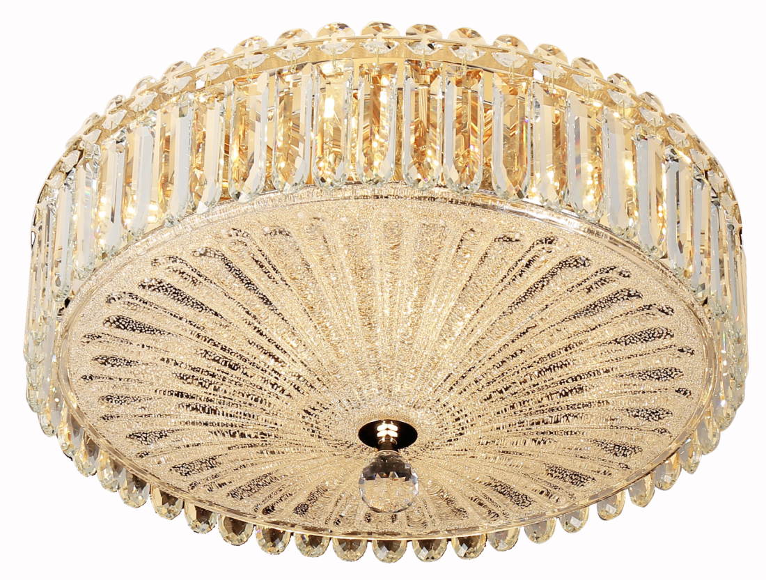 Plafon Sindora Sobrepor Redondo Alumínio Dourado e Cristal 9L E14 Ø500x220mm DCX01056