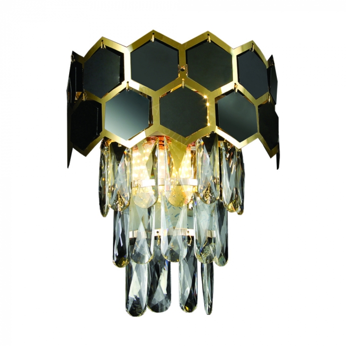 Arandela Sindora 2L E14 Inox Dourado Preto e Cristal Transparente 290x230mm DCB01009