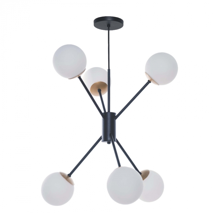 Pendente Biancoluce Orbit Sputnik Globo Leitoso Fosco Preto Dourado 6L G9 Ø700mm PD0612