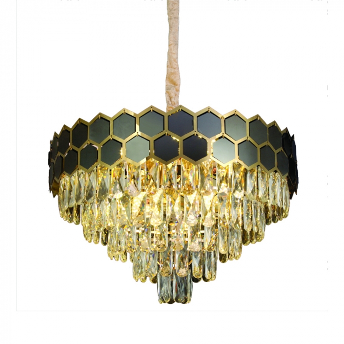 Pendente Sindora 12L E14 Inox Dourado Preto e Cristal Transparente Ø580x370mm DCD01006


