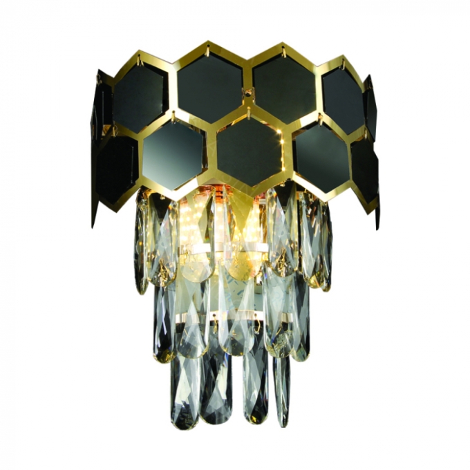 Arandela Sindora 2L E14 Inox Dourado Preto e Cristal Transparente 290x230mm DCB01009