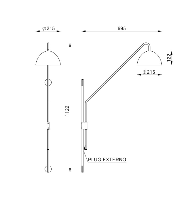 Coluna de Parede Foco Metallo Andria Articulada com Plug Externo Cúpula Metal 1L E27 Ø215x1122x695mm CO 310