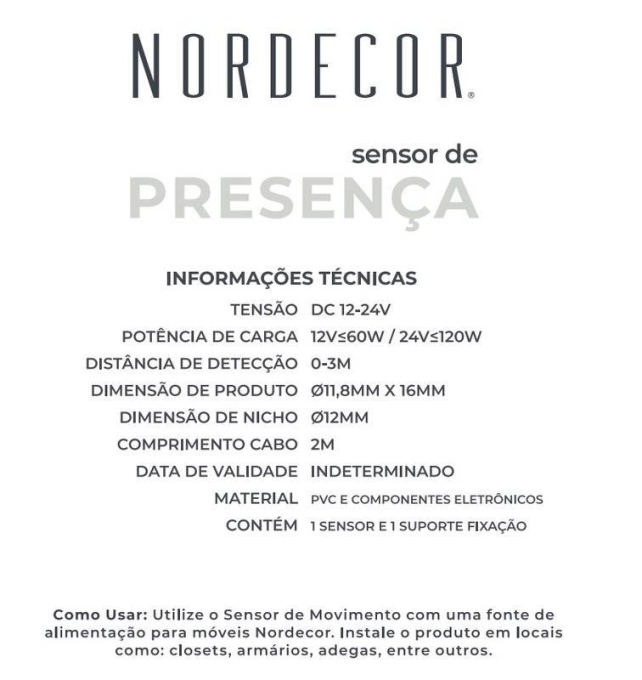 Sensor de Presença Nordecor para Moveis 12/24V 2Metros 7229