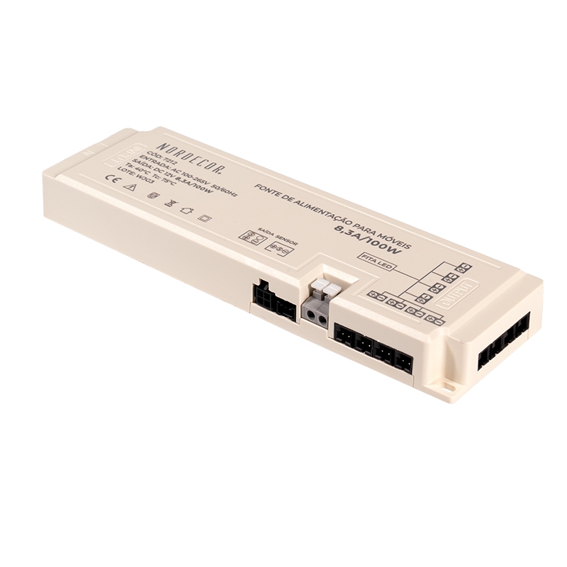 Fonte 12V Nordecor para Móveis 8,3A 100 watts Bivolt IP20 187x55x20mm 7212