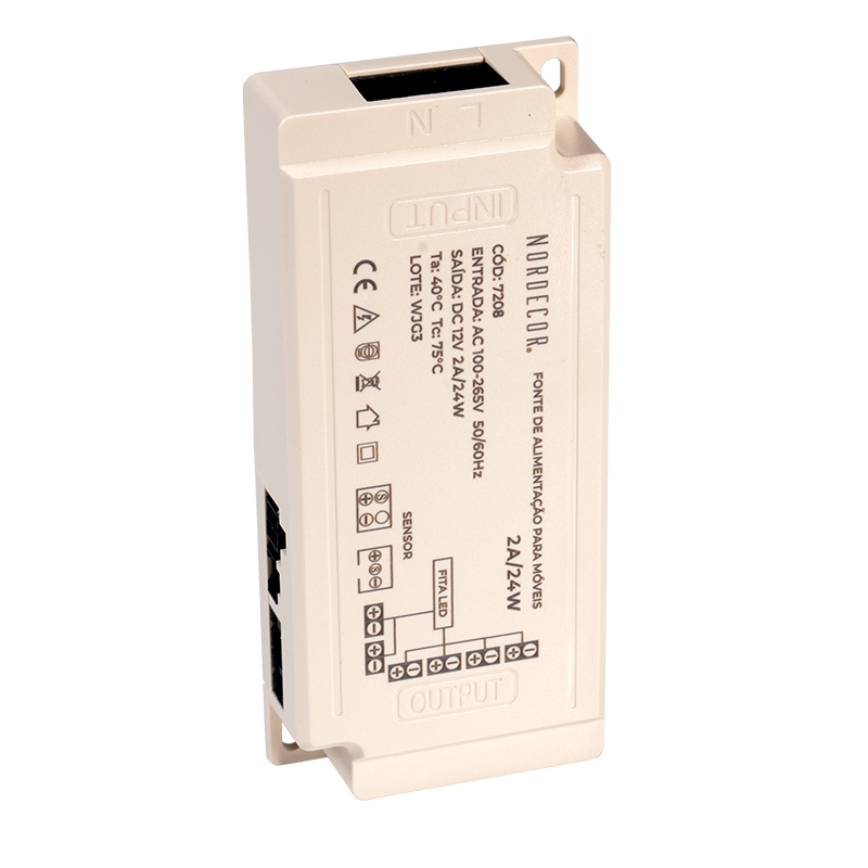 Fonte 12V Nordecor para Móveis 2A 24 watts Bivolt IP20 119x53x20mm 7208