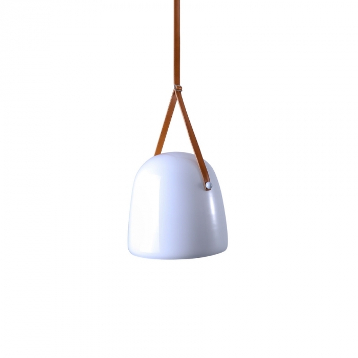 Pendente Flavo Pelle Metal Branco Brilho Couro e Vidro Opaco 16 watts 3000K Ø390X390mm FP1420BO