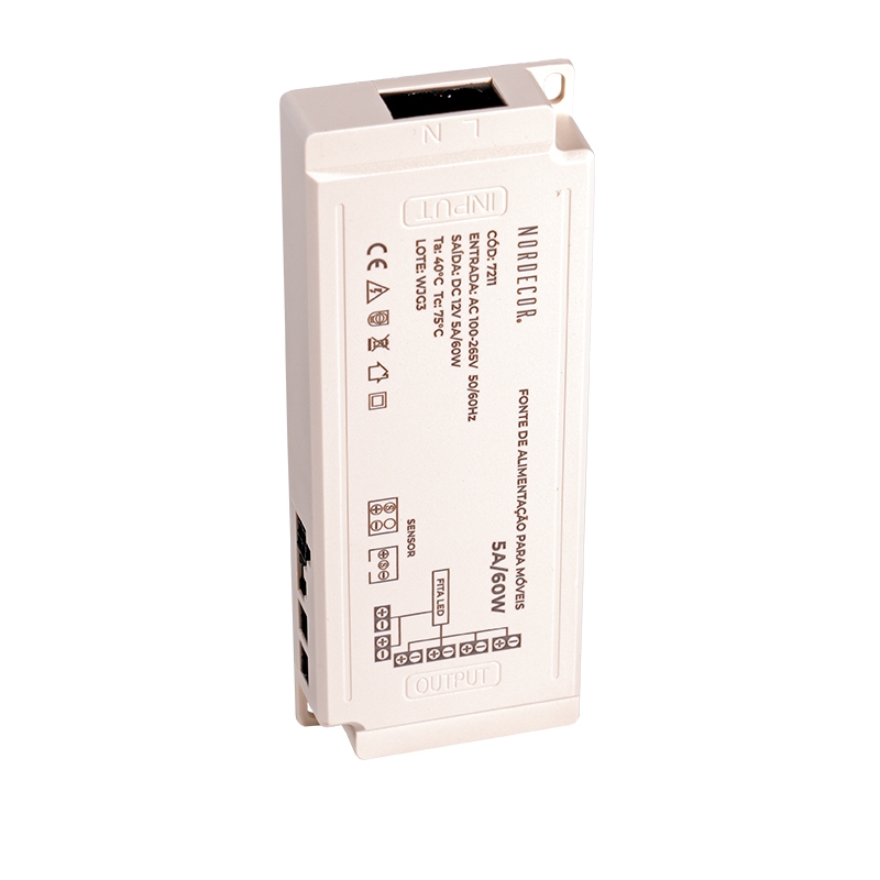 Fonte 12V Nordecor para Móveis 5A 60 watts Bivolt IP20 119x53x20mm 7211